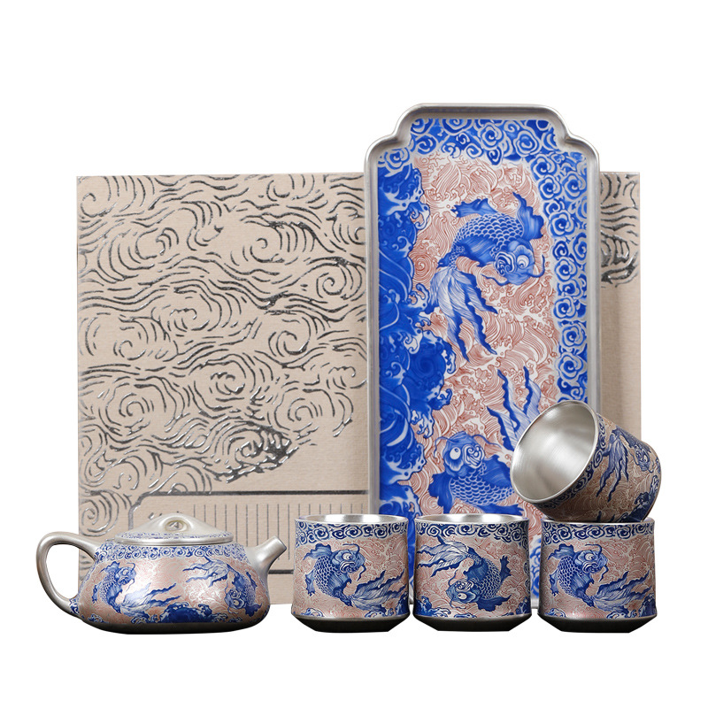 Bộ ấm trà Kung Fu mạ bạc như cá gặp nước Hộp quà cao cấp Quà tân gia cho lãnh đạo, người lớn tuổi, cha mẹ