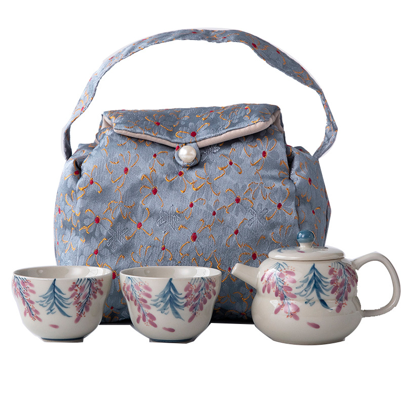 Bộ trà Kung Fu hoa tử đằng vẽ tay ấm trà màu xám thực vật tách trà bộ trà du lịch kết hợp gia dụng túi vải một bình hai cốc