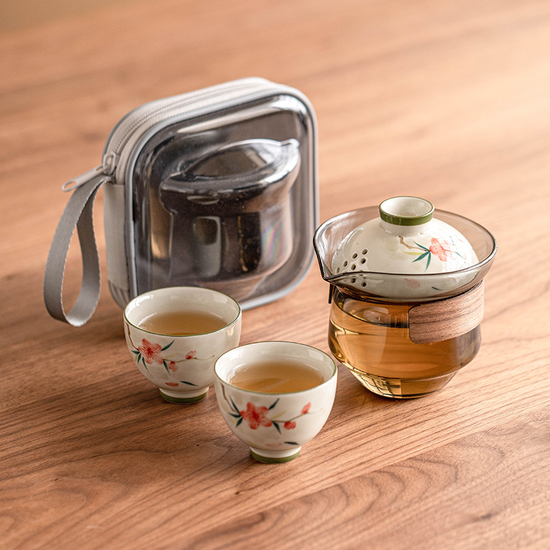 Bộ trà du lịch hoa đào vẽ tay, bộ trà di động cắm trại ngoài trời, cốc thủy tinh nhanh, một ấm hai cốc