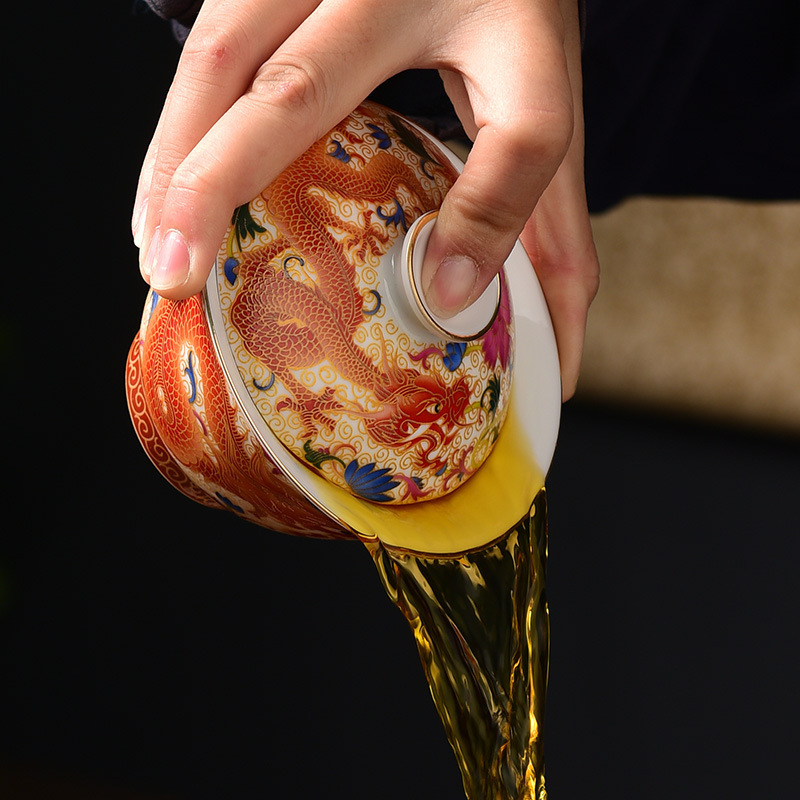 Bát có nắp tam tài tráng men một cốc trà bát trà gốm sứ bộ trà kungfu bát trà long phượng cổ điển gia dụng