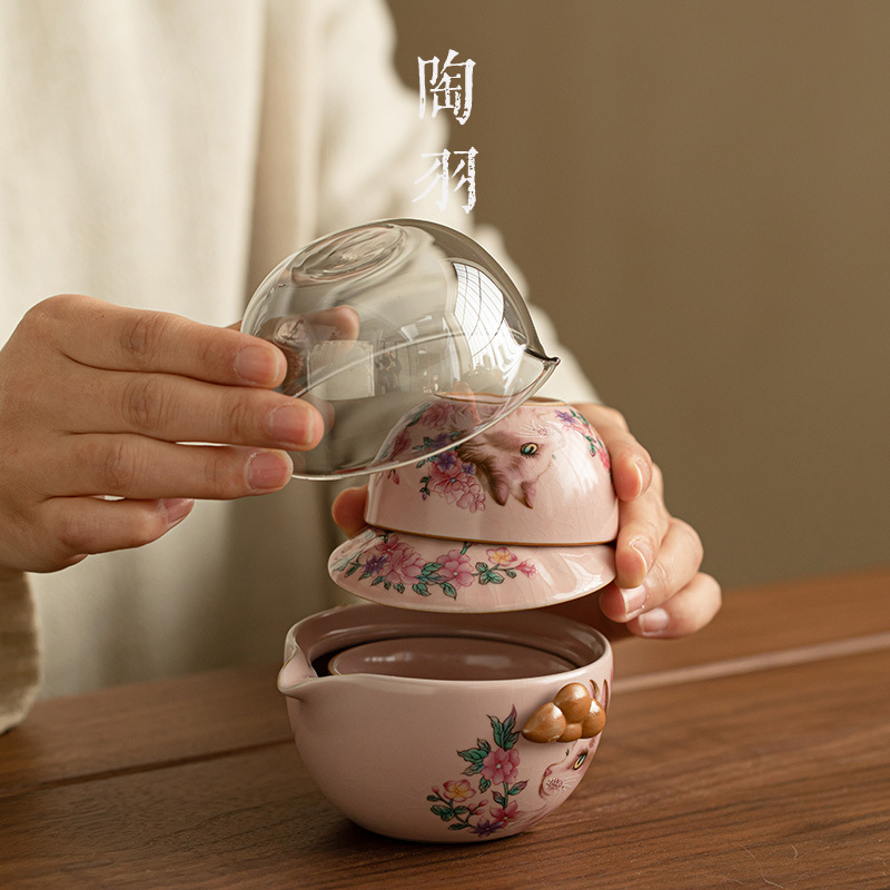 Bộ trà du lịch Pink Ruqi Flower Spirit Cat Một ấm hai tách ấm trà tách trà cốc công bằng gốm sứ di động