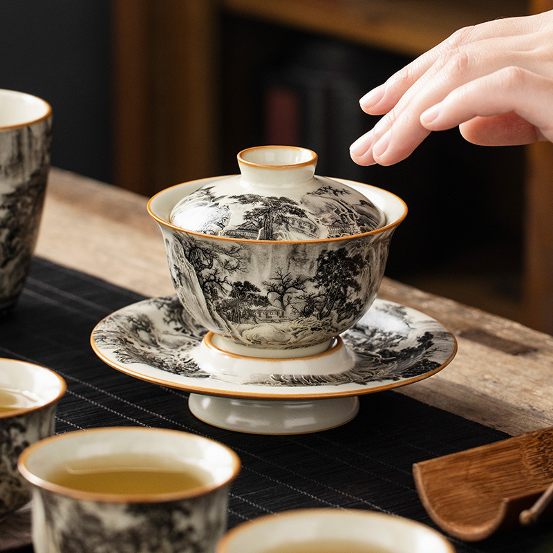 Ruyao Ink Phong cảnh và vần điệu tao nhã bát có nắp ba tài cốc trà một mảnh có thể nâng cao bộ trà Kung Fu bát pha trà không nóng tay
