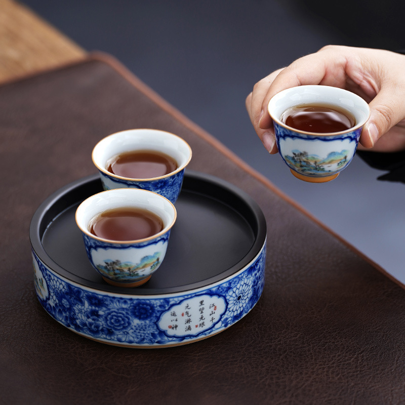 Cốc trà phong cảnh cửa sổ mở màu xanh và trắng, bộ trà Kung Fu chuyên dụng cá nhân cao cấp, cốc trà gốm sứ, cốc uống trà, cốc đơn