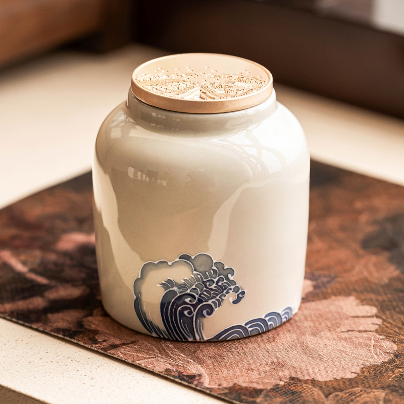 Chậu trà sóng biển xếp chồng, bình đựng đồ, bình kín gia dụng, hộp đựng trà chống ẩm kiểu Trung Quốc mới, bình trà thanh lịch