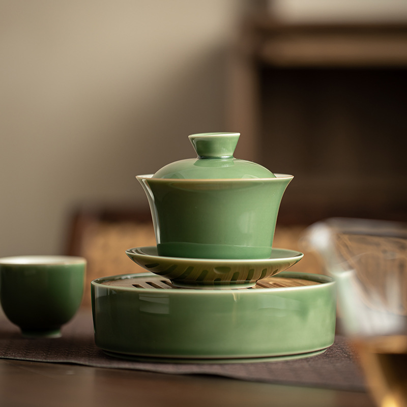 Bát Có Nắp 3 ngăn rộng tráng men xanh Bộ trà Kung Fu gốm đơn dùng trong gia dụng kiểu Nhật Bát pha trà cốc trà cỡ lớn