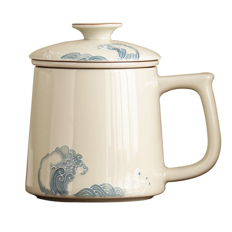 Cốc nước chạm khắc sóng biển vẽ tay cốc gốm sứ gia dụng có nắp cốc trà tách trà lớn cốc văn phòng cốc nước