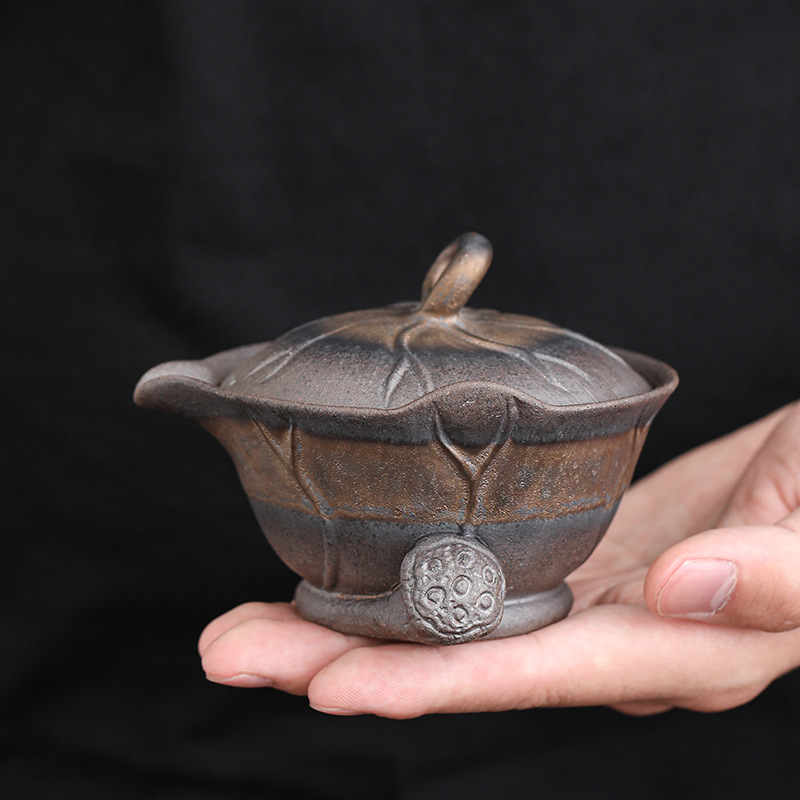 Nhà sản xuất bán buôn ấm cầm tay lá sen, ấm trà Bộ ấm trà Kung Fu đất sét đá cũ bằng gốm thô, bát có nắp đậy tiện kiểu Trung Quốc, dụng cụ pha trà Thiền