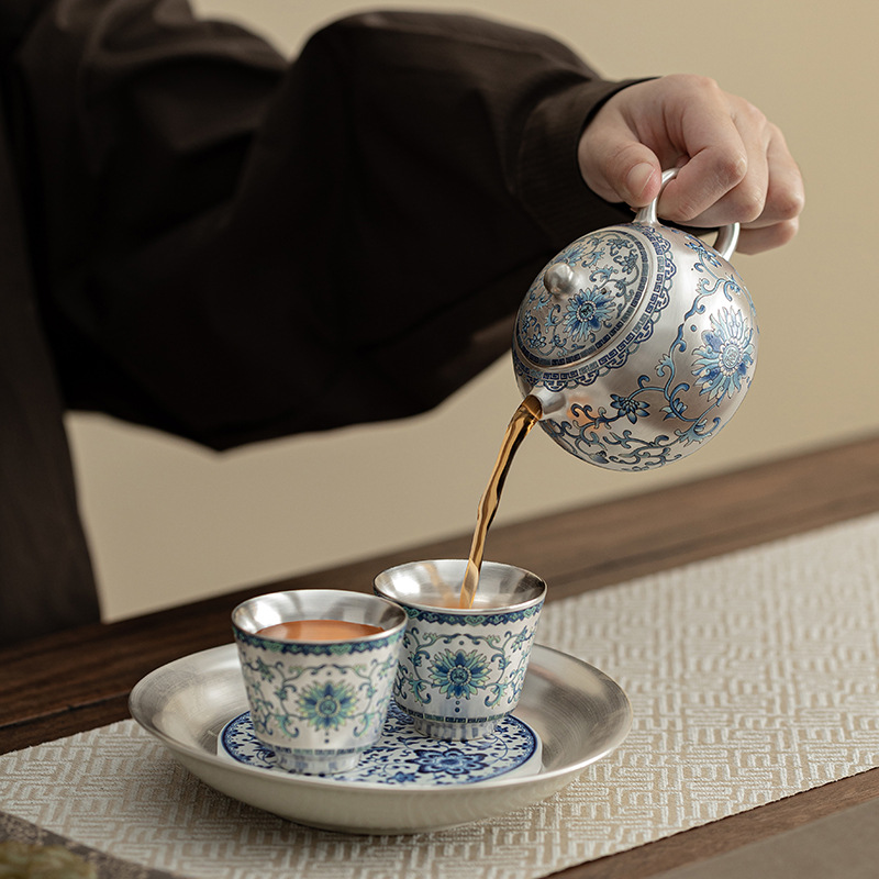 Bộ bộ hoa sen mạ bạc một bình hai cốc ấm trà gốm sứ cổ điển Bộ trà bộ nhỏ bộ trà Kung Fu tự dùng làm quà tặng