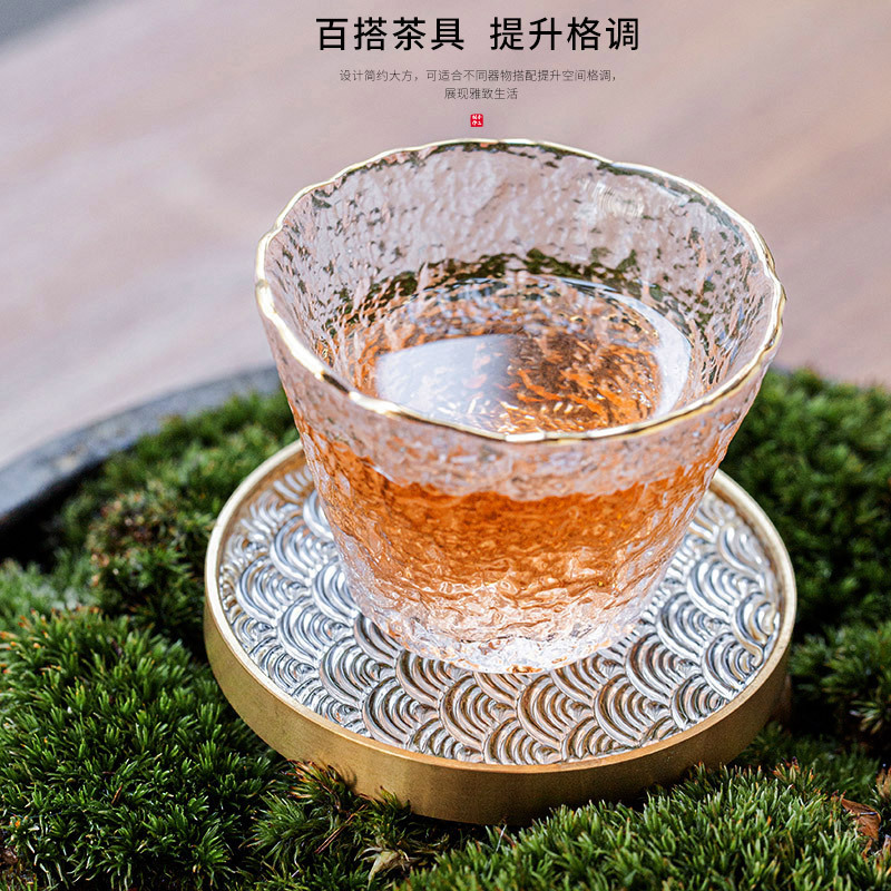 6 bộ đế lót ly gỗ Đàn hương đen, lót ly trà thủy tinh dát đồng thau, lót cách nhiệt hình tròn, Phụ Kiện Bộ trà khay trà kiểu Trung Quốc