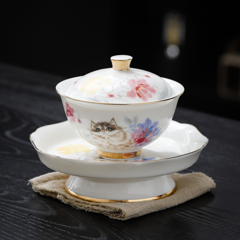 Bộ ấm trà có nắp ba tài bằng sứ trắng sơn vàng Dehua với bộ trà kung fu bằng sứ ngọc nephrite, bát trà thành mỏng, đồ phục vụ trà bán buôn.