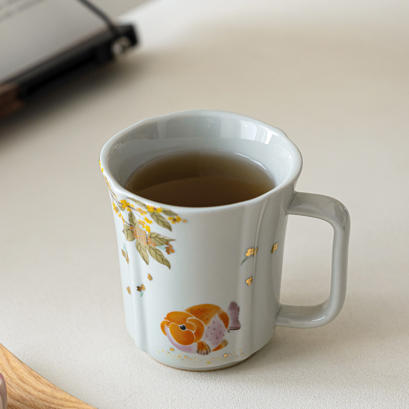 Cốc gốm sứ cá osmanthus vàng xám thực vật phong cách quốc gia cốc uống trà dung tích lớn gia dụng cốc cà phê cá nhân văn phòng