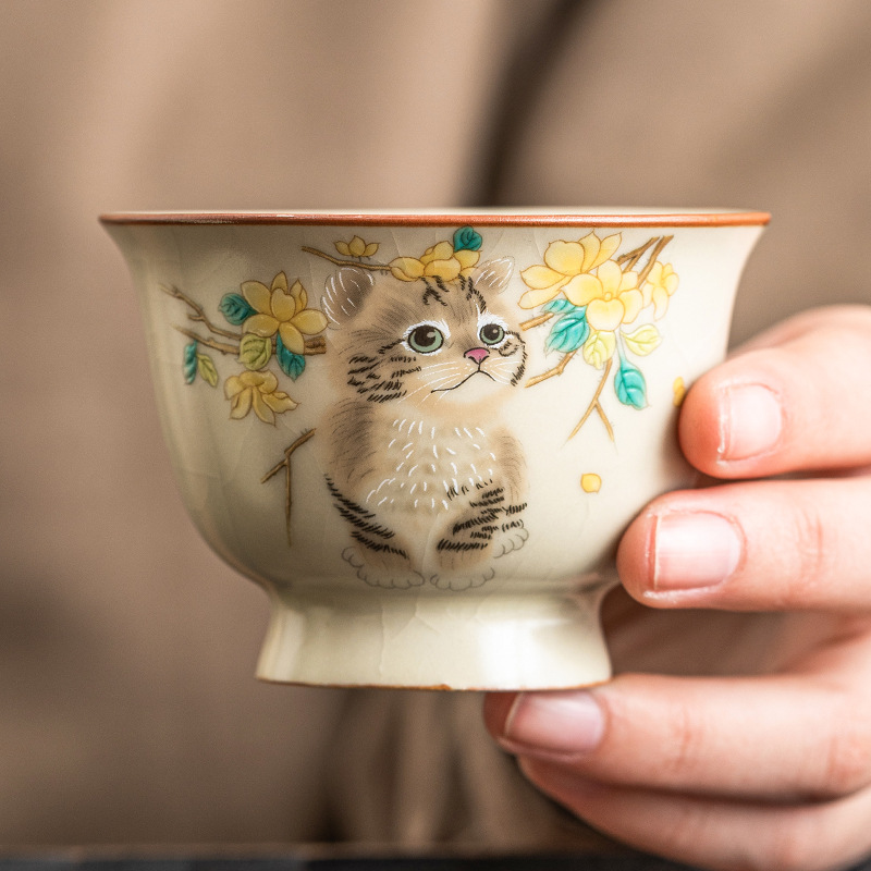 Cốc chủ nhân mèo dễ thương Ruyao cốc đơn cá nhân có thể mở bộ trà Kung Fu gốm sứ Trung Quốc cốc trà nhỏ cốc trà gia dụng