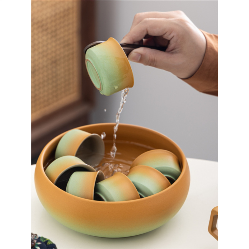 Bộ dụng cụ trà Kung Fu Gradient gốm thô, bình đựng xà bằng gốm, cốc trà có nắp, bộ ấm pha trà cao cấp văn phòng gia dụng
