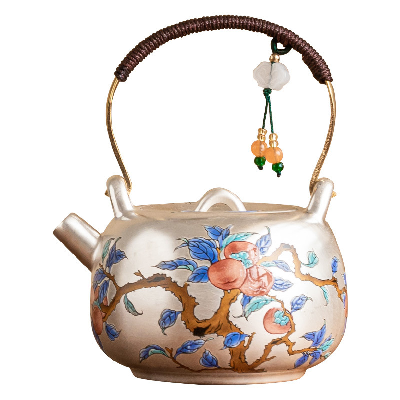 Ấm trà mạ bạc Guofeng 999, ấm trà cầm xà nâng hồng Ruyi, ấm trà chống bỏng gốm sứ, quà tặng gia dụng cao cấp