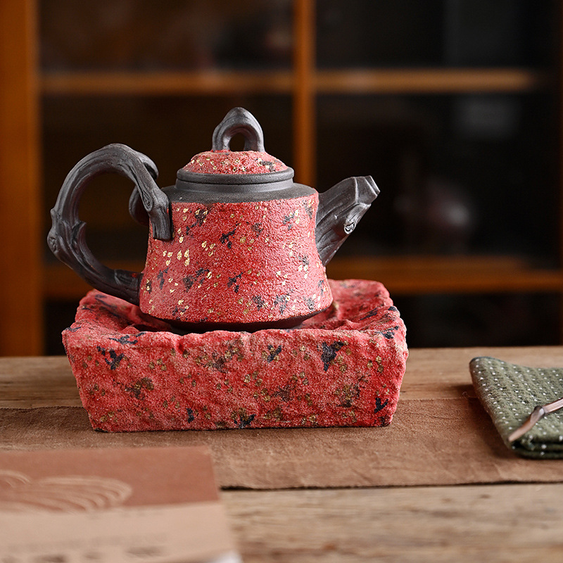 Ấm vàng điểm mỏ đá đầy màu sắc thủ công, bàn trà pha khô trữ nước gốm thô kiểu Nhật, bộ trà gia dụng, giá đỡ ấm trà
