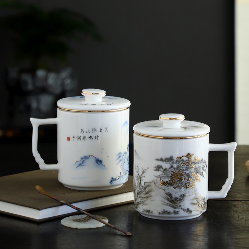 Cốc pha trà lọc gốm sứ cốc văn phòng phong cảnh gia dụng quà tặng doanh nghiệp cốc nước cá nhân có nắp mạ vàng tách trà