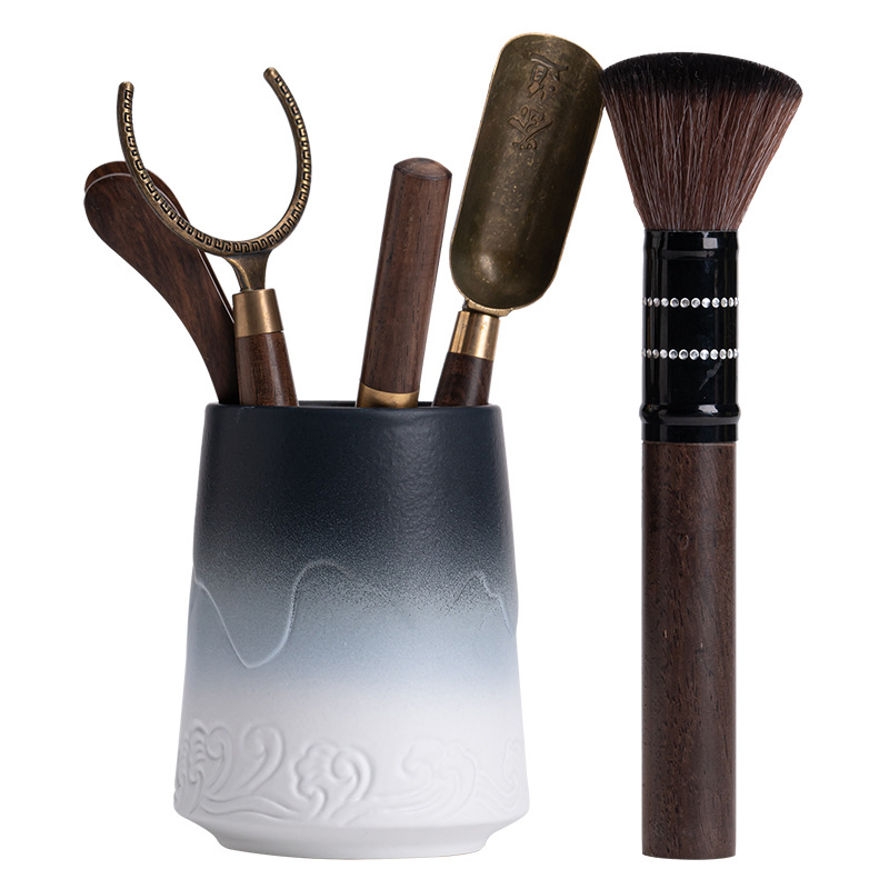 Sơn Hải Quan Gradient Trà đạo Sáu quý ông làm bằng tay gốm thô Hộp đựng bút Trà Đạo Nguyên bộ hợp kim phụ kiện gỗ rắn