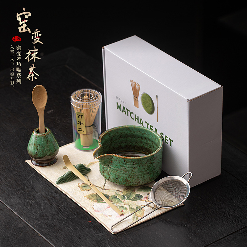 Bộ tám chiếc bát trà matcha màu chảy nung trong lò với miệng thông minh, dụng cụ pha trà bằng gốm sứ Nhật Bản, sàng bột, bộ lọc, phụ kiện cọ trà