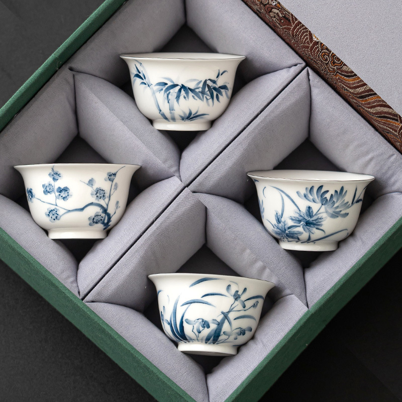 Cốc trà bạc vẽ tay cực kỳ tinh khiết, cốc chủ nhân bằng gốm hoa mận, phong lan, trúc, hoa cúc, cốc đơn, sản phẩm đặc biệt cá nhân, bộ hộp quà tặng
