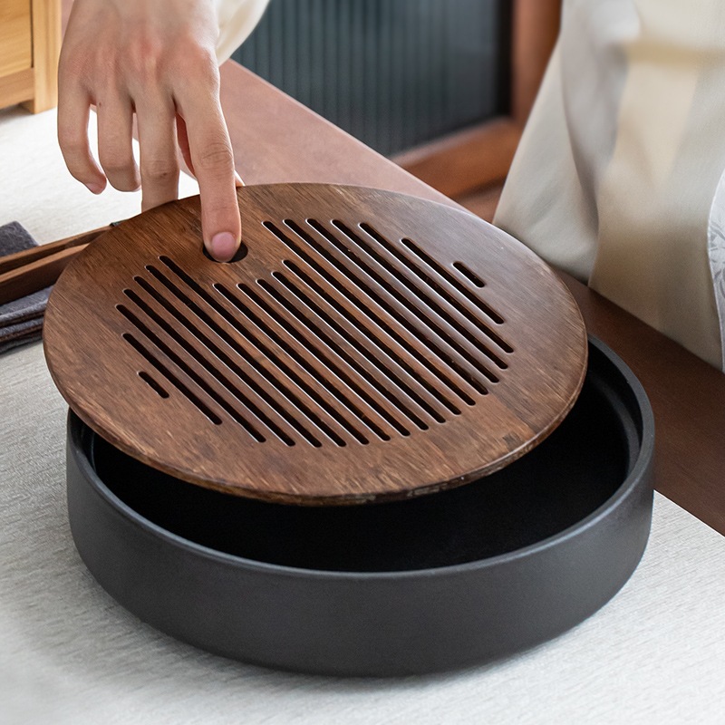 Khay Trà loại nhỏ bằng tre nặng kiểu Nhật, khay thoát nước gia dụng, bàn trà gốm sứ, bàn pha trà khô hình tròn đơn giản