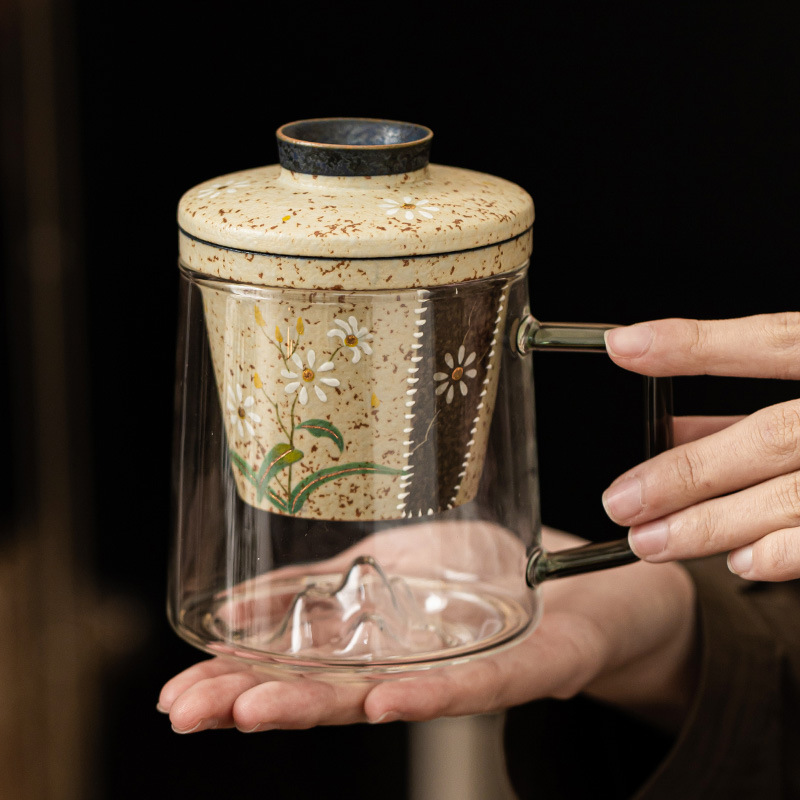 Cốc trà thủy tinh đỏ đá lửa trắng cốc có tay cầm vẽ tay hoa cúc nhỏ cốc văn phòng tách trà tách trà