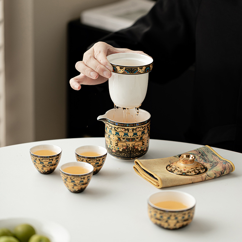 Bộ trà du lịch Thangka gốm cổ điển Bộ trà lọc cốc khách di động ngoài trời một ấm bốn cốc