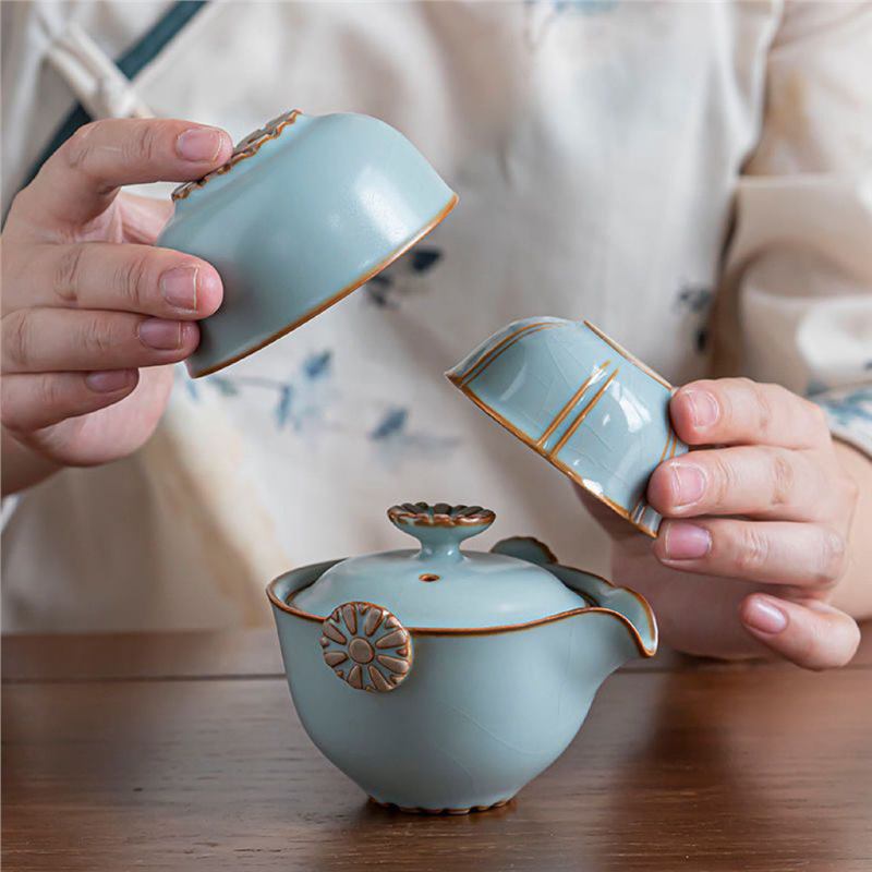 Bộ trà du lịch Ru Kiln túi xách tay bộ nhỏ ấm trà pha trà ngoài trời cốc trà gốm sứ nhanh tay quà tặng