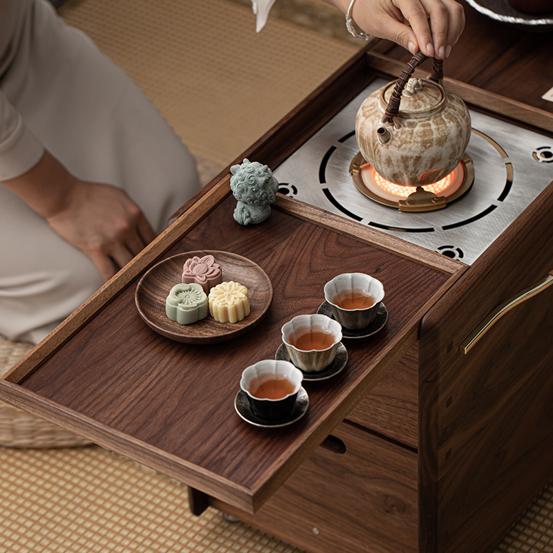 Phong cách Trung Quốc mới Bắc Mỹ gỗ óc chó nướng than quanh bếp nấu trà bàn trà phòng trà tatami gia dụng tủ lưu trữ bàn trà bát lửa
