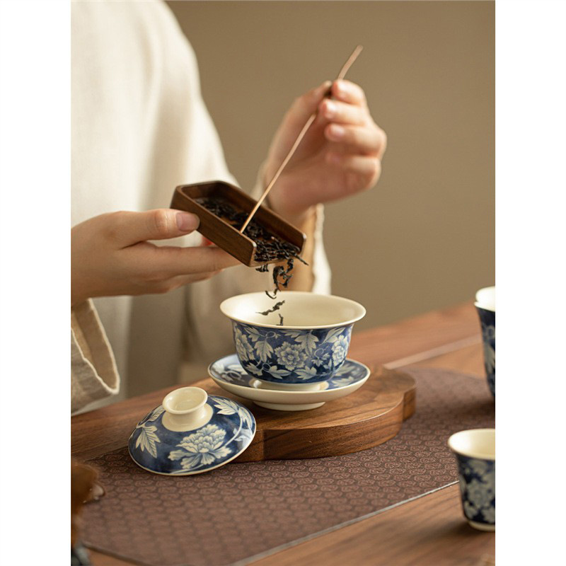 Bát tam tài hoa mẫu đơn tráng men soda bát trà gốm sứ có nắp không nóng dụng cụ pha trà gia dụng bộ trà Kung Fu