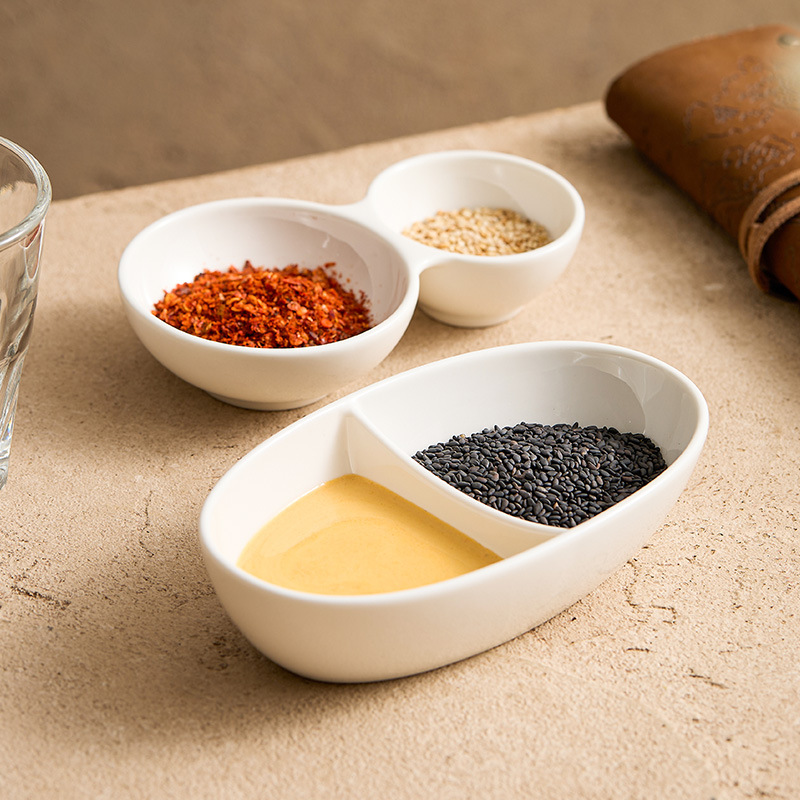 Đĩa nước sốt hai ô màu trắng tinh khiết bằng gốm, đĩa nước chấm, lẩu, thịt nướng, đĩa nước sốt sáng tạo, đĩa gia vị giấm nước sốt gia dụng