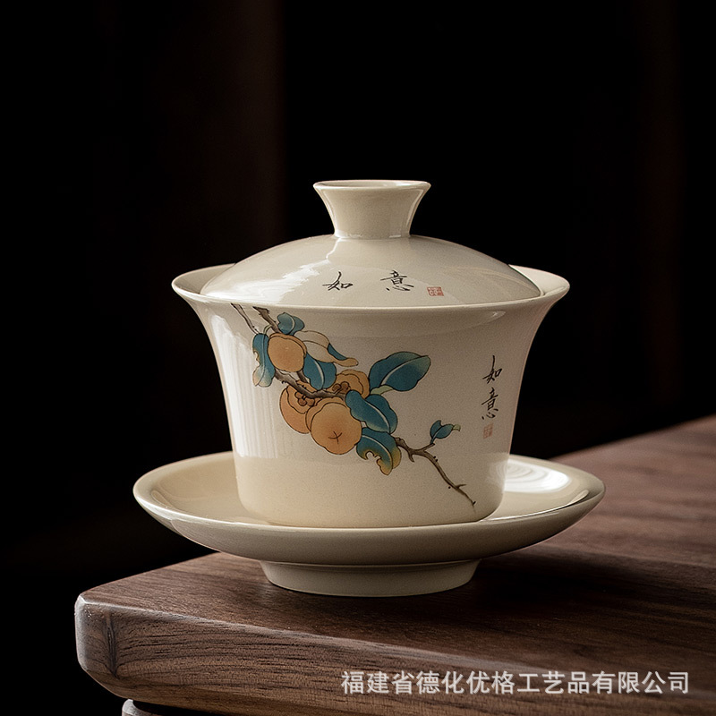 Chén trà Ba tài hoa màu xám thực vật, bát trà đơn, Bộ trà Kungfu gốm sứ, cốc trà gia dụng, bình cầm tay