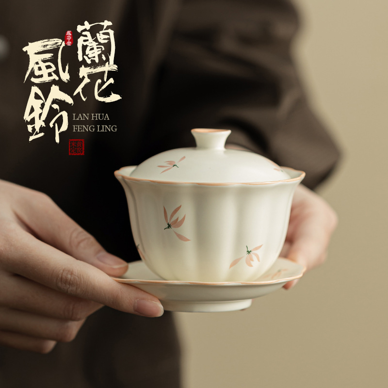 Bát có nắp miệng hoa chuông phong lan bát có nắp nụ hoa bát pha trà Kung Fu dung tích lớn gia dụng kiểu Trung Quốc bát có nắp tam tài gốm sứ vẽ tay