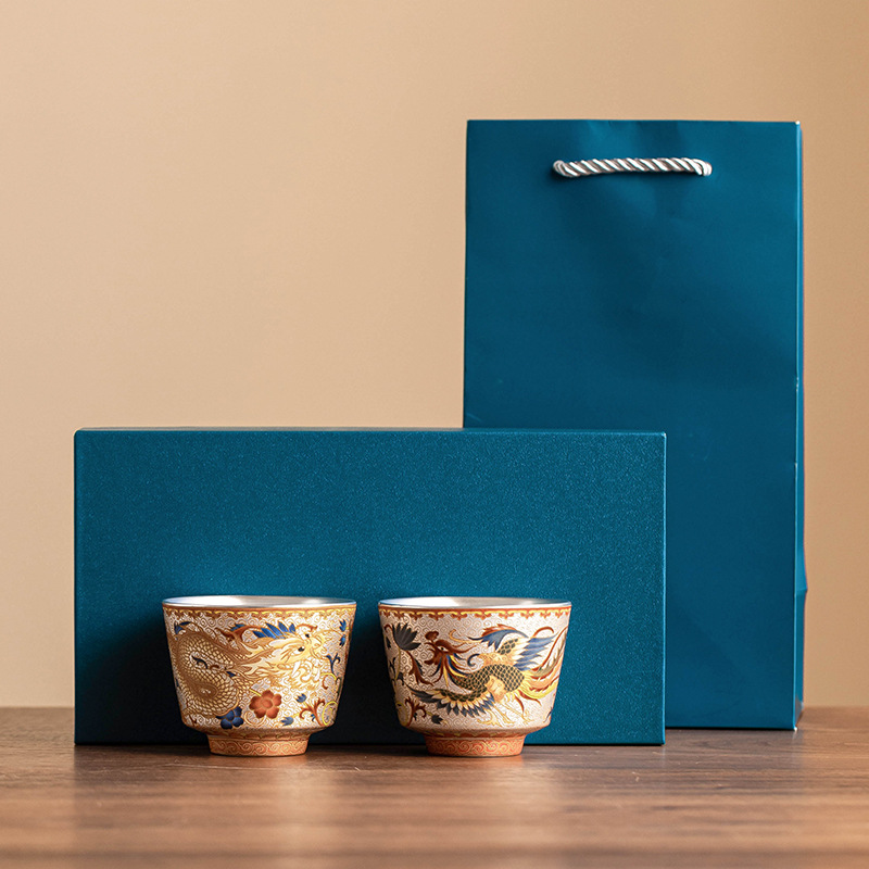 Nhà máy Xianglong Phoenix Cặp đôi Cốc đôi 999 Chén trà mạ bạc Cốc chủ sở hữu Bộ trà sang trọng nhẹ Hộp quà lưu niệm