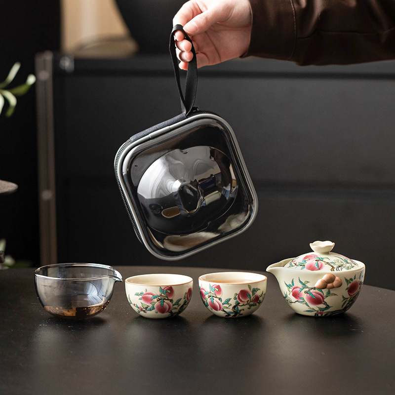 Bộ ấm trà du lịch Ruyao Pastel Nine Peach, cốc khách di động ngoài trời, một ấm ba cốc, ấm trà gốm sứ