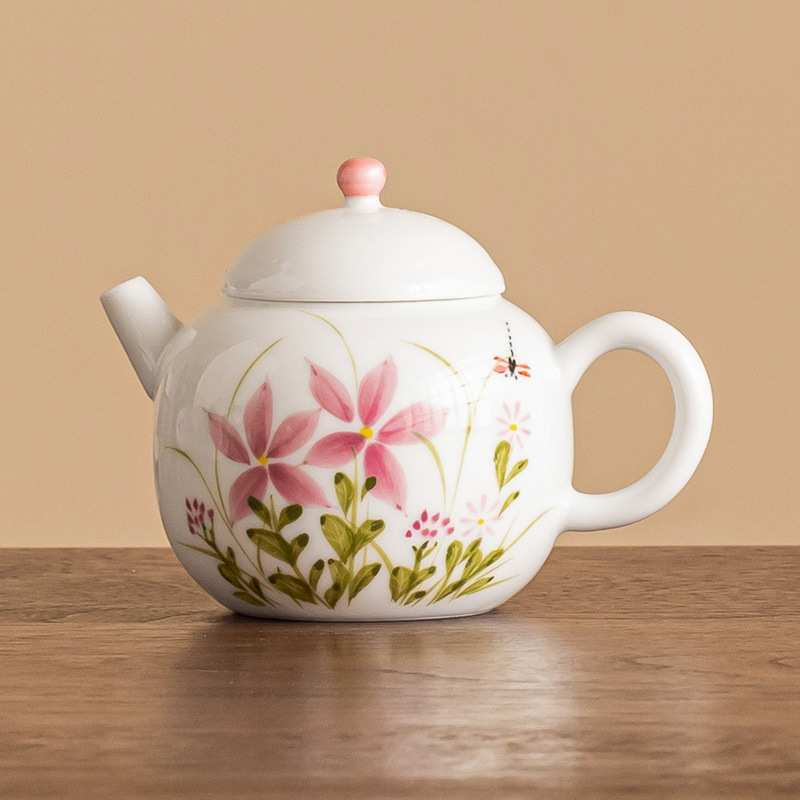 Ấm trà nhỏ bằng gốm sứ tinh tế, ấm trà gia dụng có giá trị cao, ấm trà đơn lọc chuồn chuồn hoa cúc vẽ tay, bộ trà Kung Fu đơn