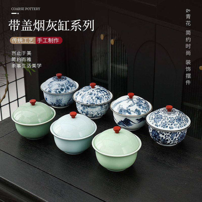 Gạt tàn sứ trắng xanh có nắp chống gió chống bay xám in hoa đầy đủ gia dụng cổ điển đồ trang trí để bàn cỡ lớn cá tính