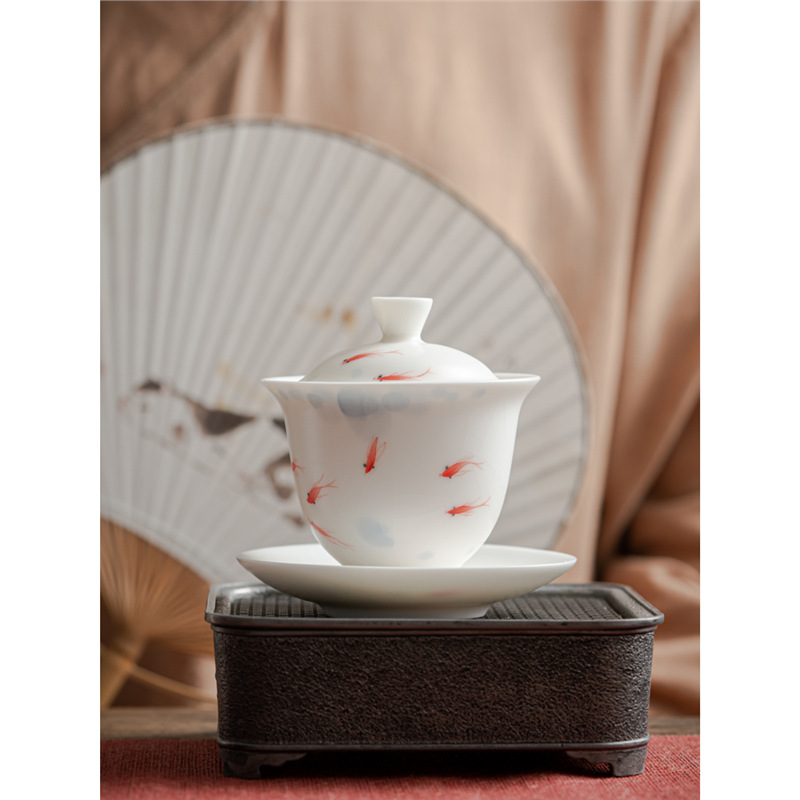Cao cấp vẽ tay chơi cá lò Bairu ba cái nắp đậy bát pha trà gốm sứ cốc sứ Trung Quốc có nắp đơn chống bỏng