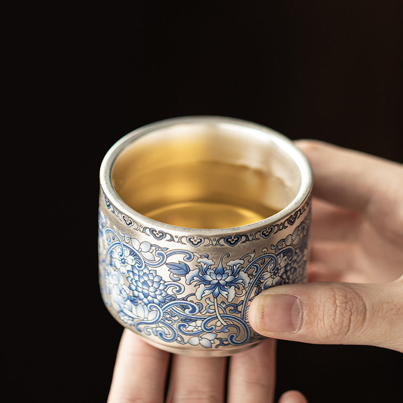 Bộ cốc mạ bạc họa tiết hoa sen, cốc chủ, cốc trà, cốc trà cá nhân gia đình, cốc trà gốm, bộ trà Kung Fu