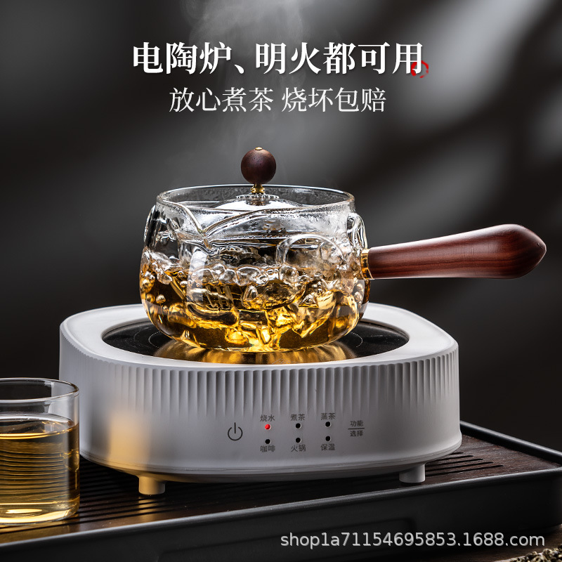 Ấm trà có tay cầm bên để pha trà, bình đơn chịu nhiệt độ cao, cốc thủy tinh pha trà màu xanh lá cây nhỏ, ấm trà giải trí, bộ trà kung fu, bếp pha trà.