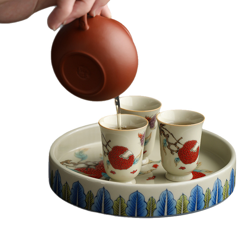Chậu vải thiều gốm sứ, bàn pha khô, phụ kiện bộ trà kungfu cao cấp kiểu Trung Quốc, bát có nắp đựng đồ ăn nhẹ, khay đựng trà