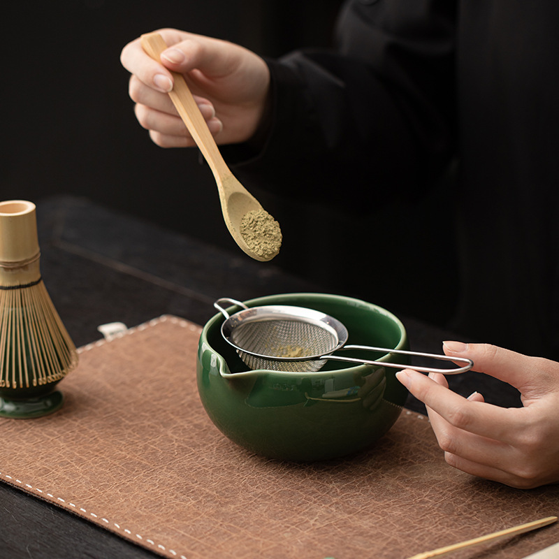Bộ tám món matcha màu xanh lá cây mô phỏng đồ uống trà gốm sứ nhà Tống, bát trà Baixi matcha, bình trà, bộ lọc đứng, phụ kiện bộ trà