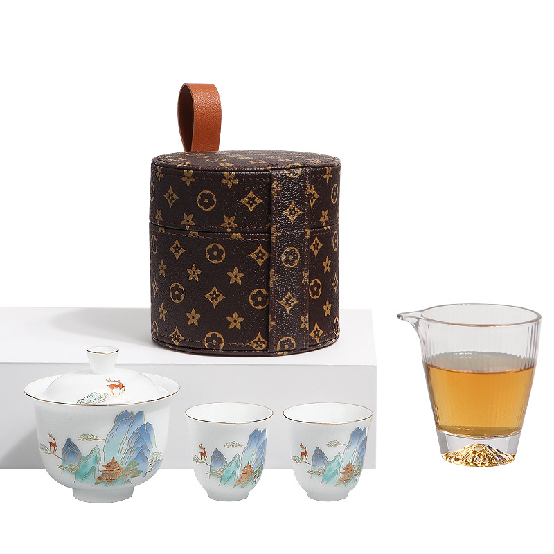 Bộ ấm trà du lịch di động đá ngọc Sứ ngoài trời xe du lịch một ấm hai cốc cốc nhanh đựng đồ xách tay