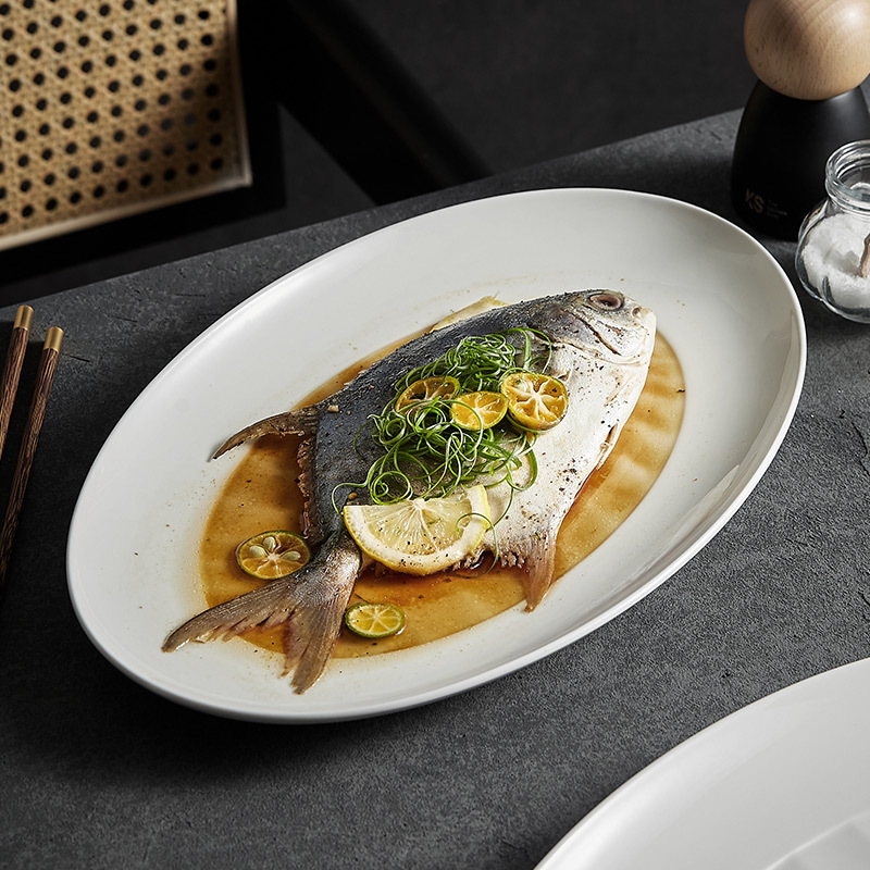 Đĩa cá viền rộng, đĩa Cá hấp cỡ lớn gia dụng, đĩa ăn cá cao cấp, đĩa bày đĩa gốm hình bầu dục kiểu Nhật