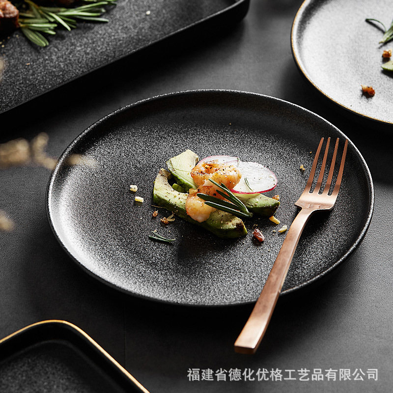 Đĩa bít tết tráng men mờ pha lê đen Bộ dao nĩa đồ ăn phương Tây Đĩa bít tết sáng tạo kiểu Nhật Bản gia dụng Đĩa phẳng Bộ đồ ăn khách sạn