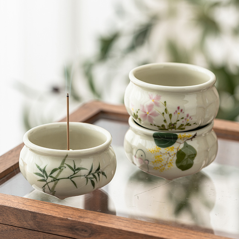 Lư hương ba chân măng xanh ngọc gia dụng Bộ trà Thiền kiểu Trung Quốc Lư hương gốm sứ phụ kiện trà đạo