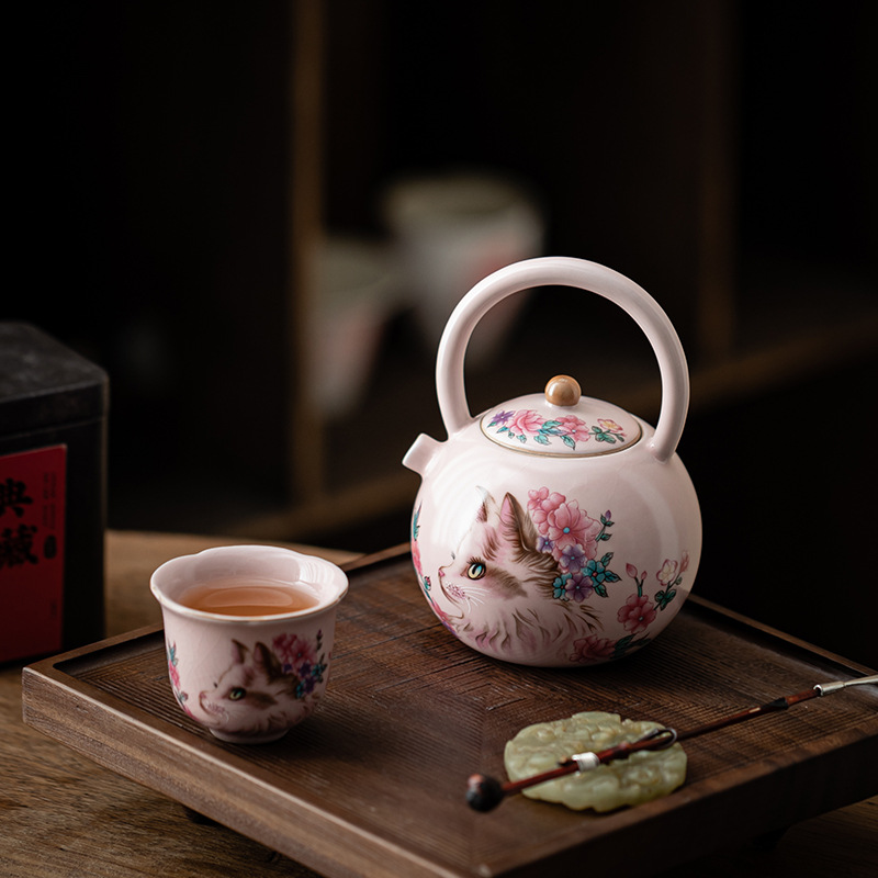Ấm cầm xà đốt tre mèo hoa lò Fenru, ấm pha trà dung tích lớn, ấm đơn, bộ ấm trà gốm sứ có thể mở, hộp quà