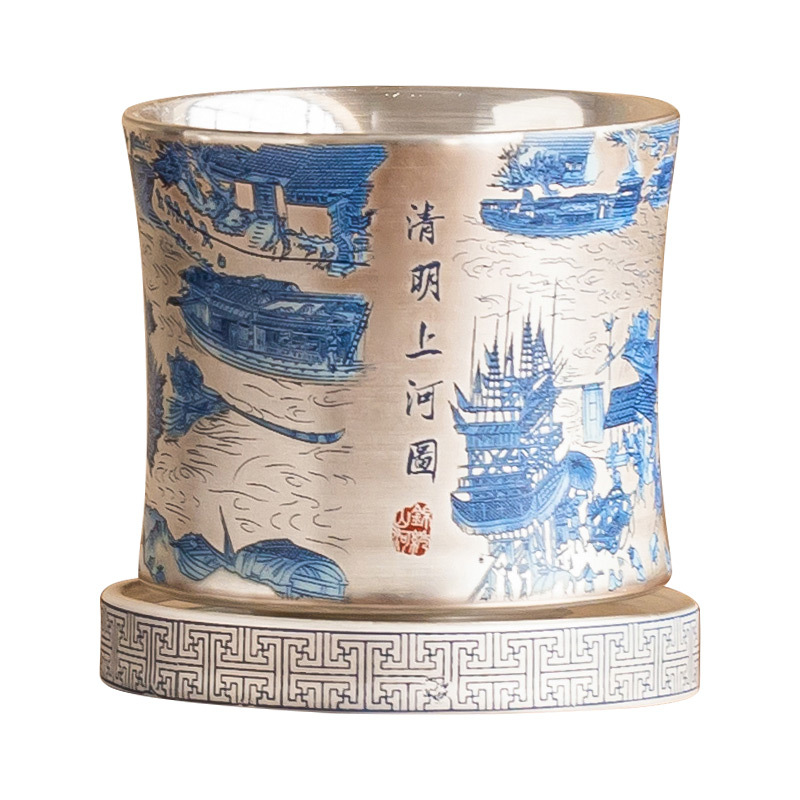 Cốc chủ nhân mạ bạc 999, cốc quay Qingming Shanghetu, bộ trà sang trọng nhẹ, cốc trà Kung Fu gia dụng, quà tặng tay