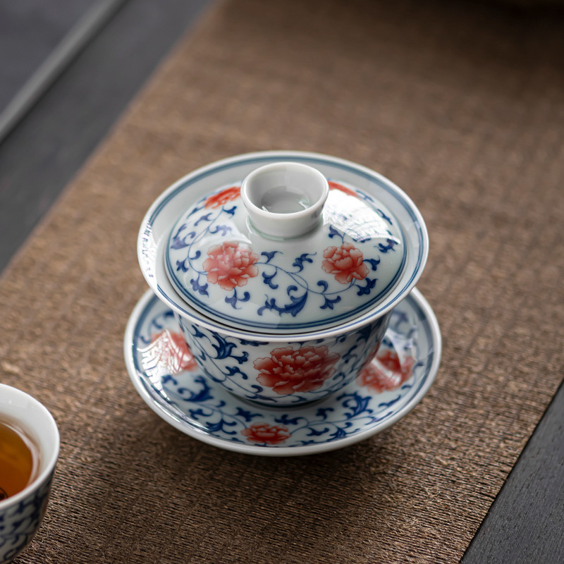 Cốc trà bát có nắp ba tài cổ sứ trắng xanh cốc trà gốm sứ tráng men màu cao cấp một tay không nóng chuyên dụng