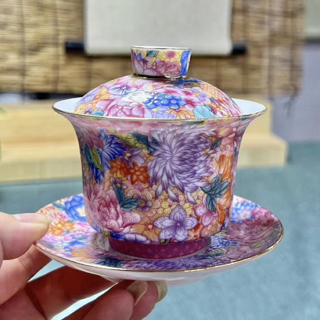 Bát trà nắp gốm sứ Bạch Hoa cốc trà tam tài đơn bát trà công phu bát trà lớn gia dụng không nóng tay