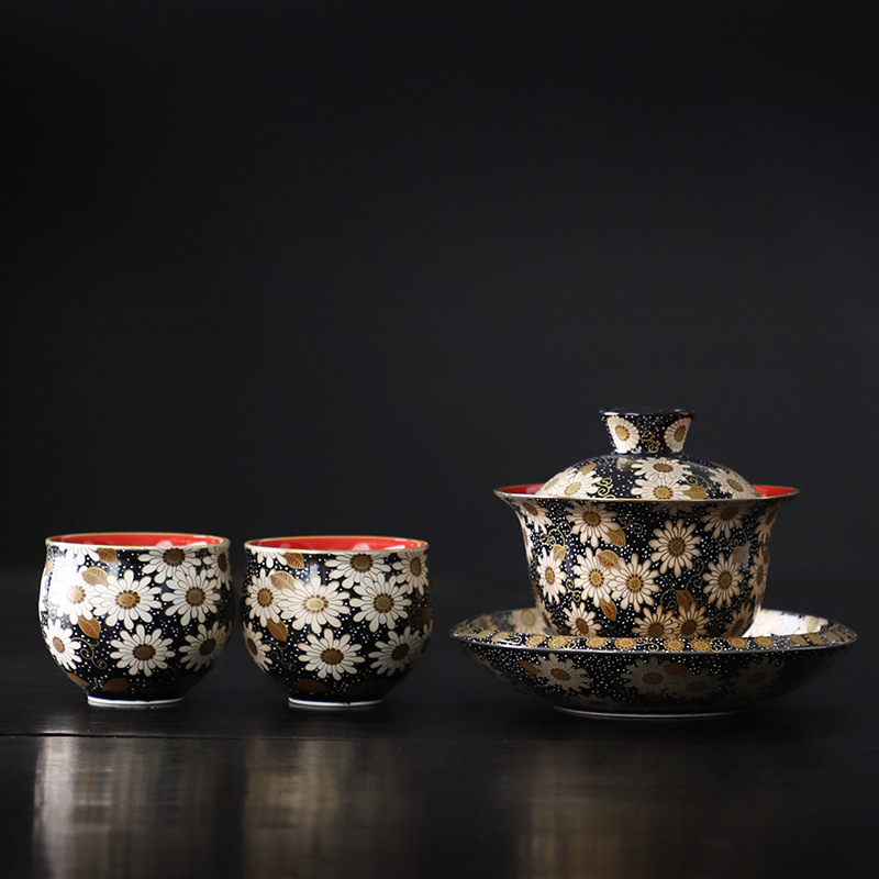 Bộ dụng cụ trà cao cấp ba nắp Jingdezhen Bộ tách trà gốm sứ tách trà bát pha trà có nắp bán buôn tinh tế